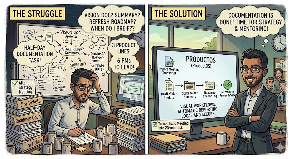 Jordan, Director of Product Management, using ProductOS to automate executive summaries and roadmap updates